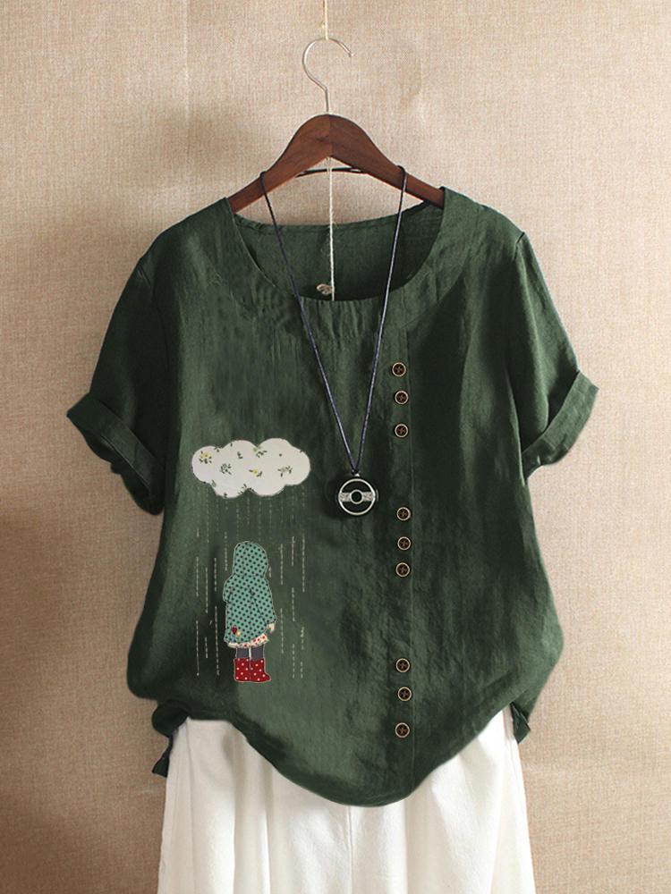 Bargain sales Cartoon Print Button Short Sleeve Casual T-shirts