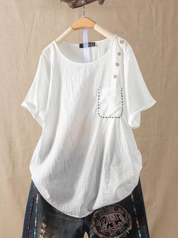 Bargain sales Women Solid Color Button Short Sleeve Pocket T-shirts