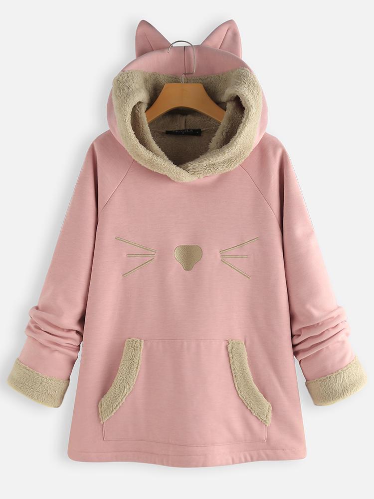 Bargain sales Ears Hooded Fleece Patchwork Cartoon Print Sweatshirt Hoodie For Women