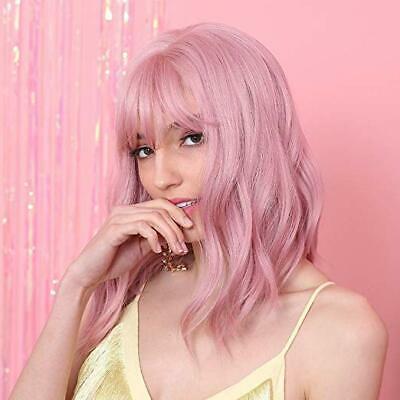 Bargain sales 14inch Pink Short Bob Curly Women Cosplay Party Synthetic Full Wig with Bangs US